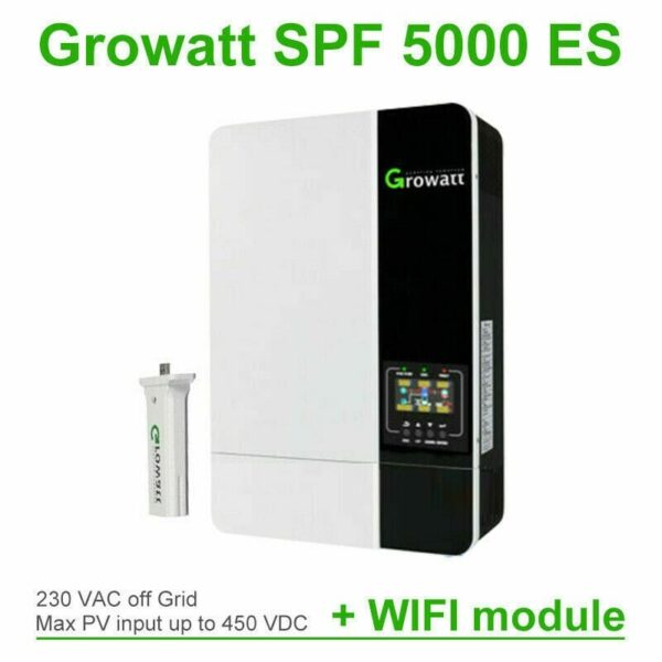 Growatt SPF5000ES hybrid inverter for off-grid and grid-tied solar systems, with built-in MPPT solar charge controller and energy storage optimization