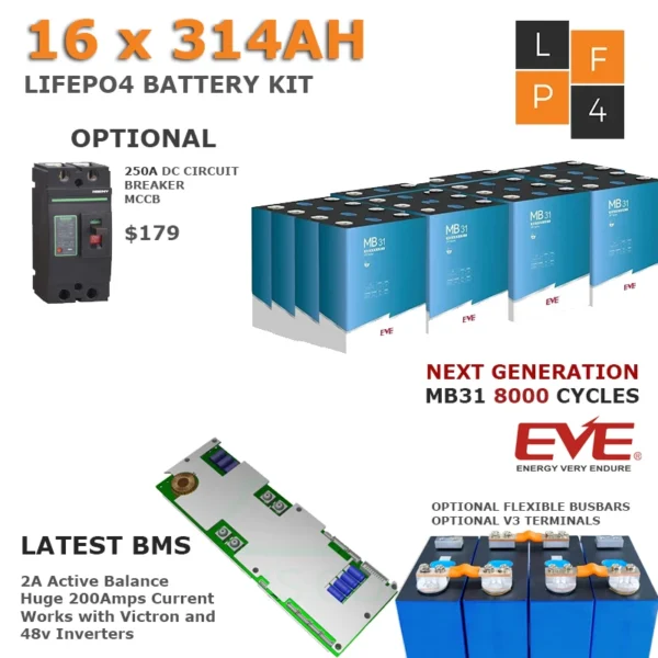 EVE 48V 304Ah (16x LiFePO4 Cells) + JK 200A BMS Kit