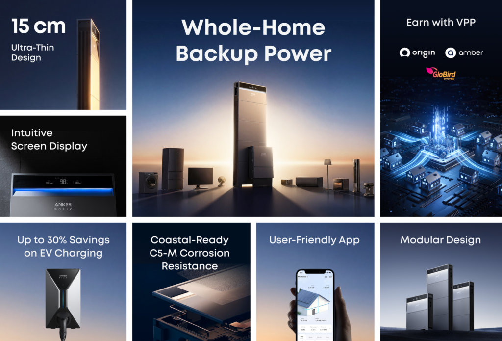 Anker SOLIX X1 Hybrid Home Battery System | 5–30kWh Configurator 5 Anker SOLIX X1 ultra-thin design, backup power, app control, modular capacity and VPP features