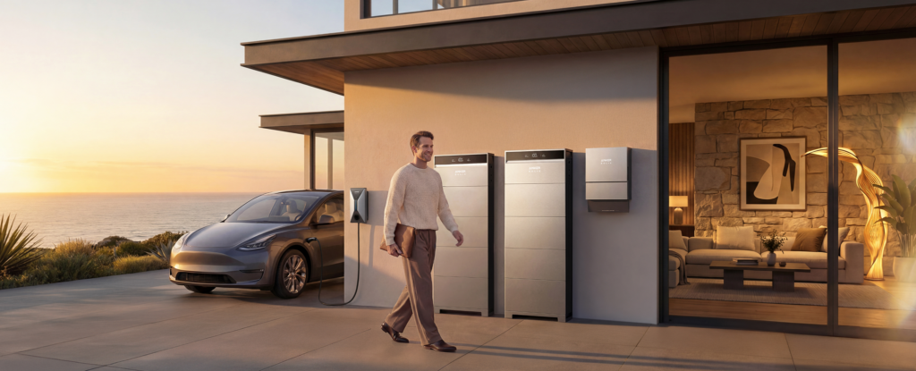 Anker SOLIX X1 Hybrid Home Battery System | 5–30kWh Configurator 7 Multiple Anker SOLIX X1 battery configurations with EV charging at a modern home