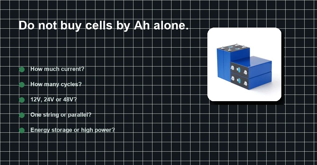 Checklist reminding buyers not to choose LiFePO4 battery cells by amp-hour rating alone
